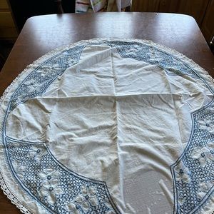 Vintage blue and cream table topper